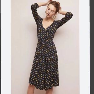 Anthropologie Black Floral Midi Dress with Yellow & Purple Accents
